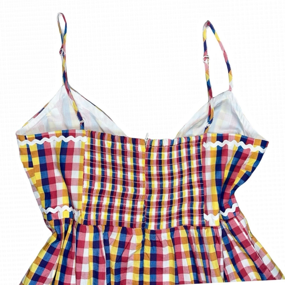 English Factory Puff Sleeve Mini Dress Womens M Medium Gingham Plaid Colorful - Picture 9 of 12